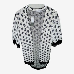 SENSE COSKUN New Open Front Cardigan XL White Black Silver Stars Fringe Boho D1